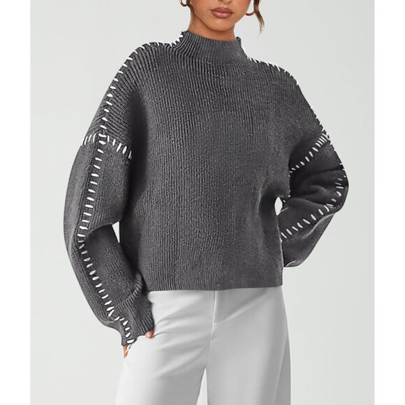 Prettygarden Women's Grey Fall Long Sleeve Mock Neck Oversized Chunky Sweaters - Picture 4 of 7